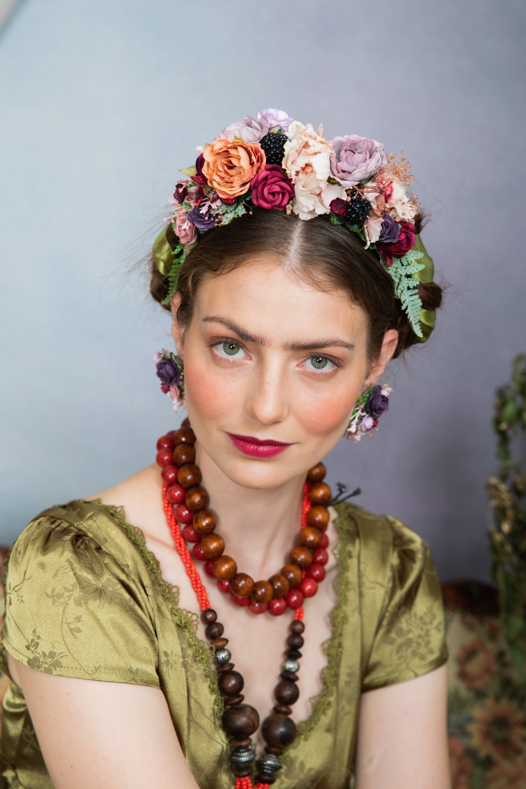Wedding Frida flower headband Purple Pink Orange flower headband with berries Pastel Bridal hair flowers Wedding accessories Magaela