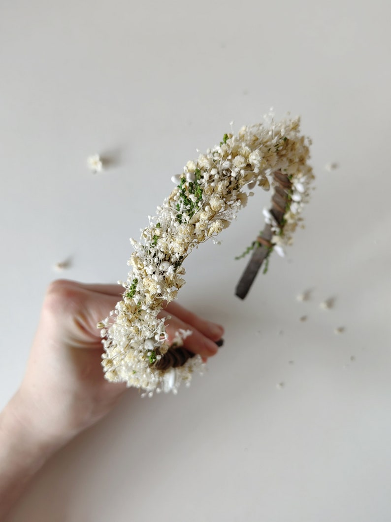 Beige natural dried headband Earthy flower hairband Gypsophila wedding headpiece Barn Rustic wedding Preserved flower headband Magaela image 10