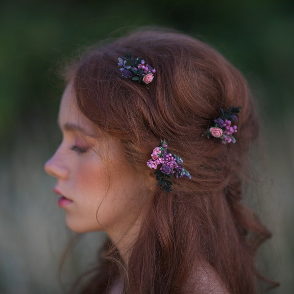 Purple flower hair pins Wedding flower bobby pins Bridal hair accessories Bride to be Purple hairpins Violet hair flowers Magaela Wedding