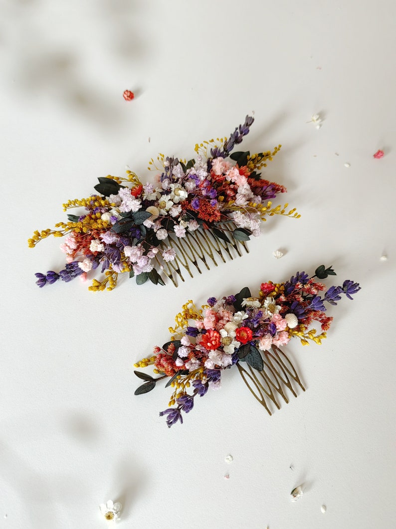 Colorful bridal comb Wild flowers Meadow flowers Summer wedding Preserved flower hair comb Bridal hair accessory Rustic wedding Flower hair zdjęcie 3