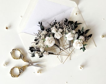 Greenery flower hairpins White roses hairpins Bridal hairstyle accessory Flower hair Flower hairpins Hairpins with eucalyptus leaves Magaela