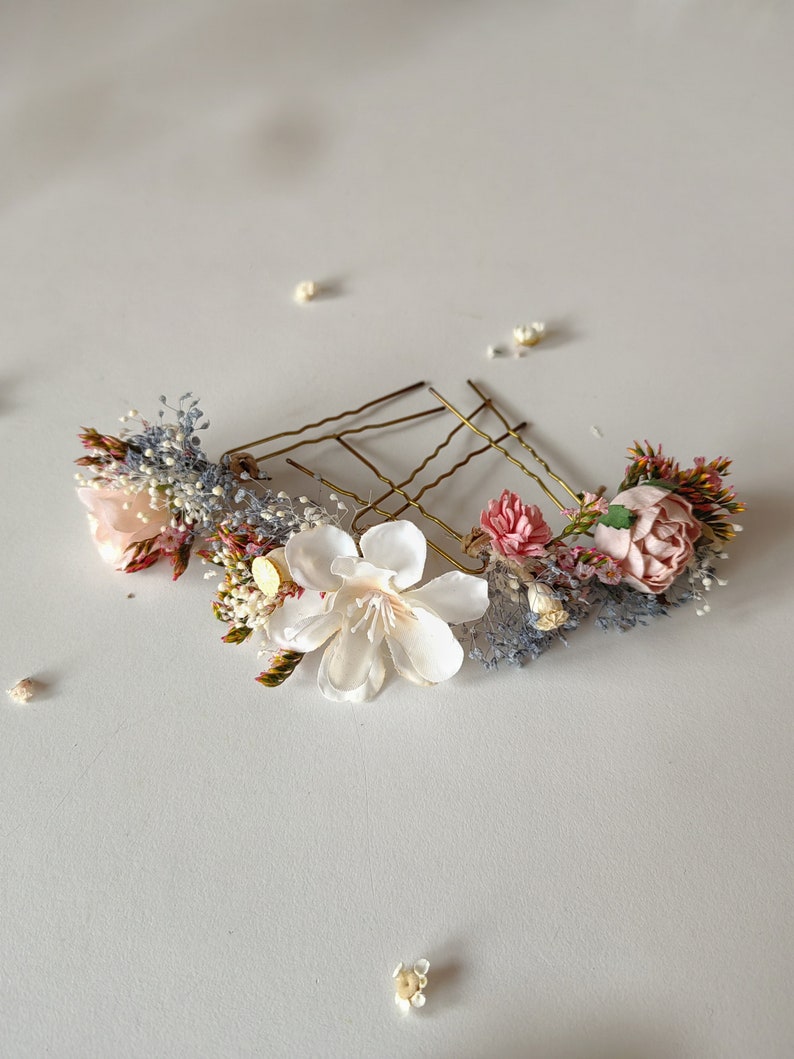 Blush flower hairpins Pink cream blue flowers Hair accessory Hairpins Flower hairpins Bridal hair Set of hair pins Flower hair Magaela image 1