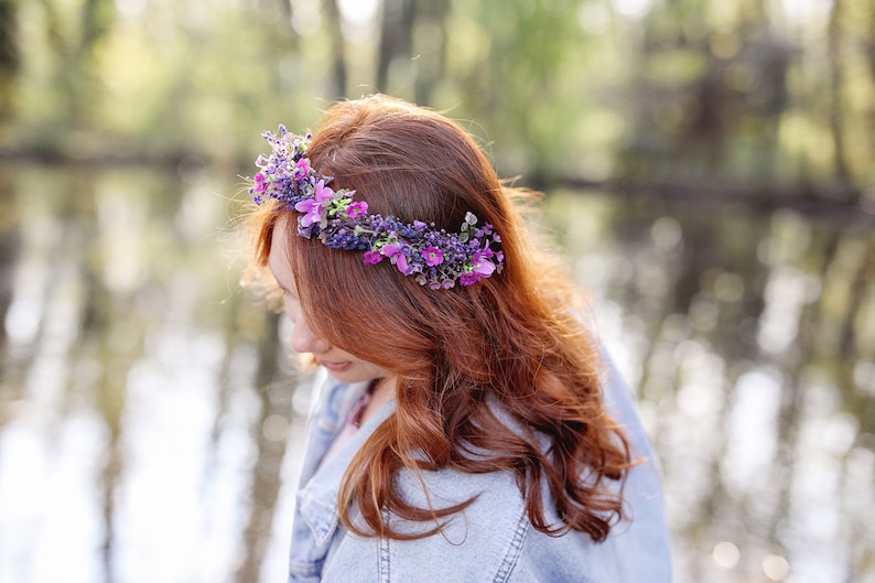 Purple flower half crown Bridal headpiece Durable wreath 2021 Wedding Lavender Natural looking crown Magaela Violet wedding accessories image 5