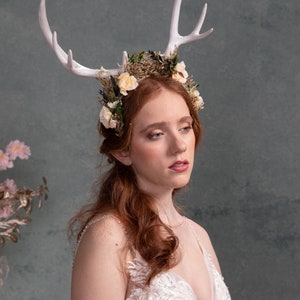 Halloween crown with deer antlers Black flower crown Horns crown Samhain Headband Ivory antlers Bride Photo shoot Wedding Headpiece Woodland image 6