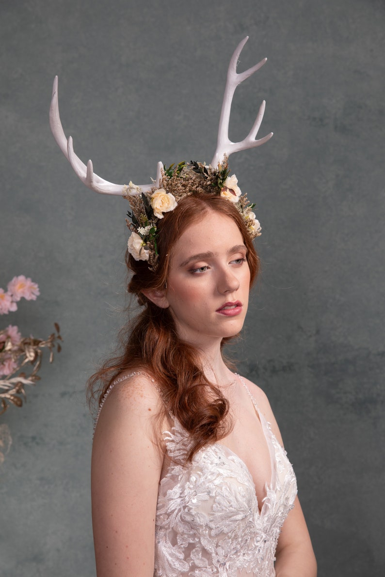 Halloween crown with deer antlers Black flower crown Horns crown Samhain Headband Ivory antlers Bride Photo shoot Wedding Headpiece Woodland image 6