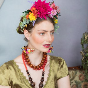 Fuchsia flower headband Frida Kahlo hair crown Colourful wedding hairband Dahlia wedding crown Mexican Day of the Dead Halloween wedding image 3