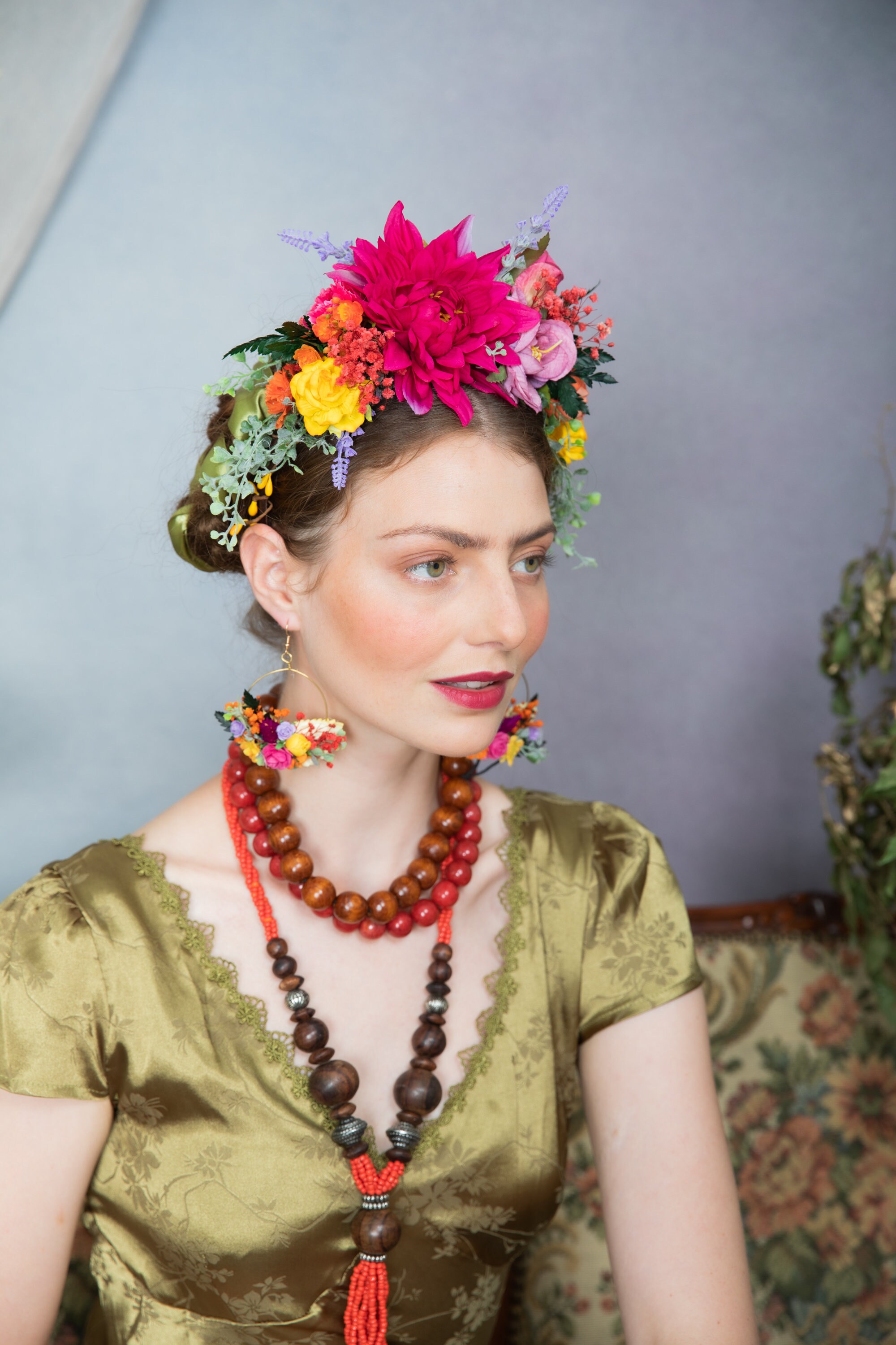Fuchsia Dahlia Flower Crown – Frida Inspired Headband, Mexican