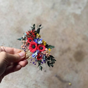 Small folk wedding flower comb Bride to be Poppy flowers bridal comb Slavic wedding Wedding accessories Hair flowers Magaela Colourful comb zdjęcie 4