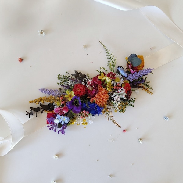 Colourful wildflowers belt Summer wedding sash Bridal accessories Bridal flower belt Meadow flowers Belt for dress Bride to be Magaela