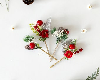 Winter hairpins Wedding accessories Red Christmas hairpins Vintage Christmas Flower hairpins Christmas wedding Red berries Winter wedding