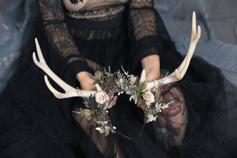 Halloween crown with deer antlers Black flower crown Horns crown Samhain Headband Ivory antlers Bride Photo shoot Wedding Headpiece Woodland image 5