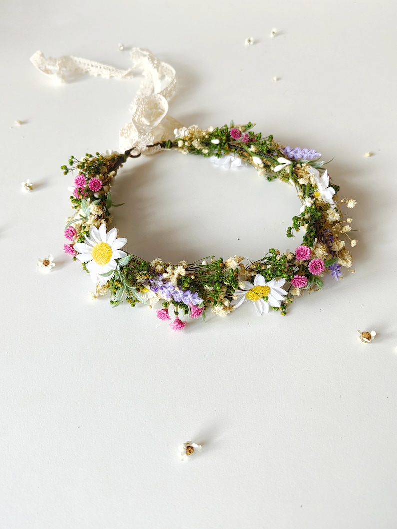 Meadow spring hair crown Bridal flower hair wreath Daisy flower headpiece Wildflowers headband lavender Summer Bridal accessories Magaela image 2