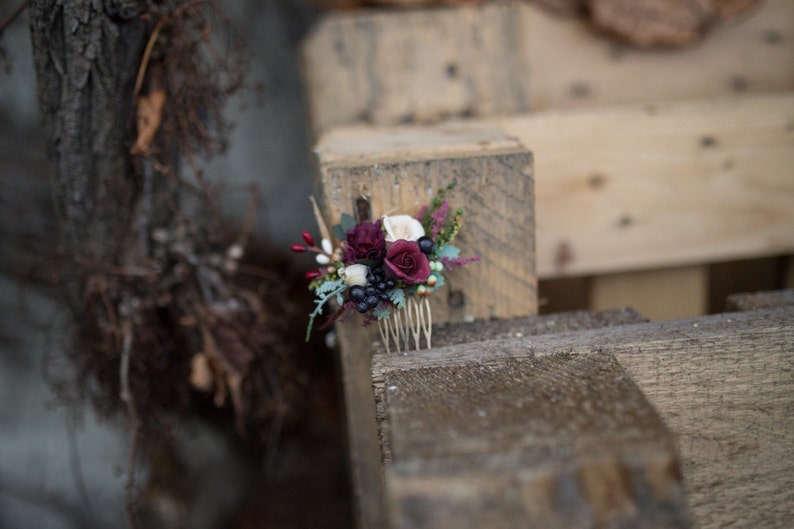 Mini Hair combs floral marshal burgundy flowers wedding comb bridal hair fashion accessories barn wedding woodland style image 2