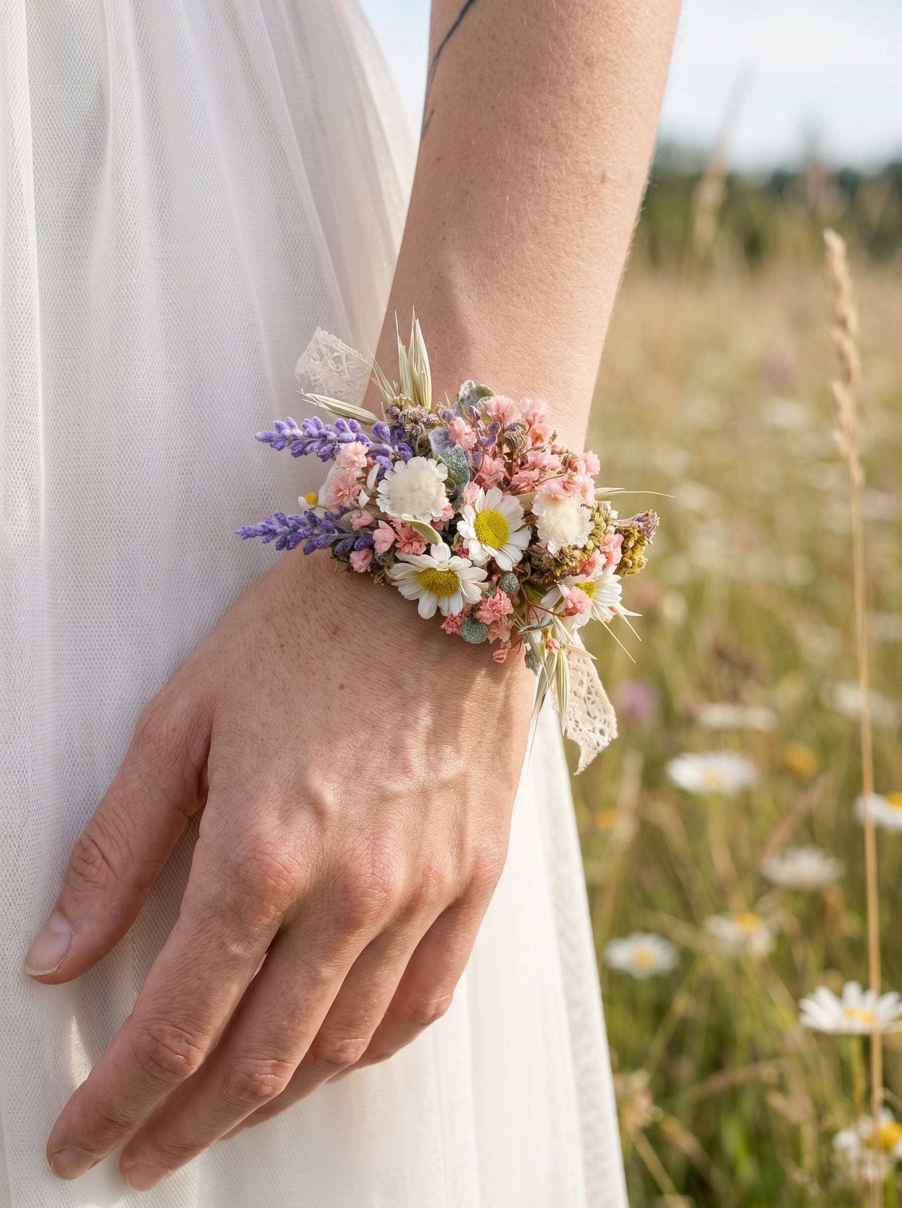 Wildflower Bracelet: Daisy Lavender Wedding Wrist Corsage - Etsy