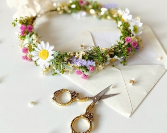 Meadow spring hair crown Bridal flower hair wreath Daisy flower headpiece Wildflowers headband lavender Summer Bridal accessories Magaela