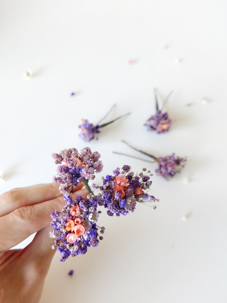 Purple flowers dried hairpins Lilac and pink baby's breath flower clips Romantic violet wedding Bridal flower hair pins Bridal hair Magaela image 9