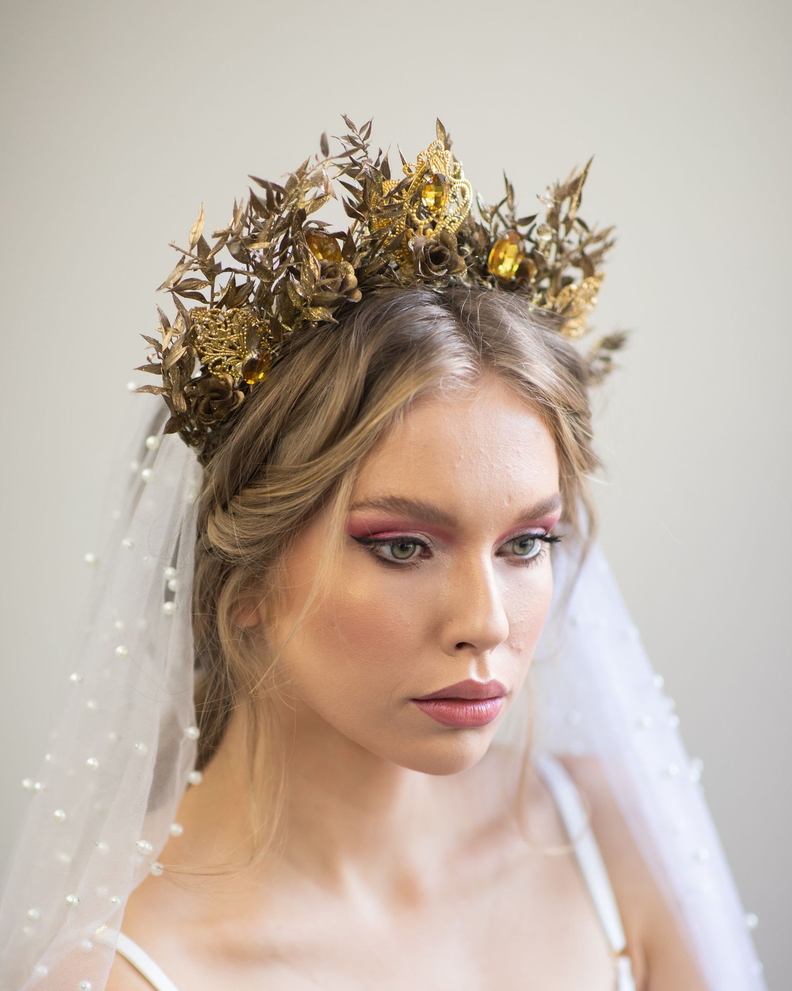 Golden Wedding Hair Crown With Crystals Bridal Tiara Flower Etsy