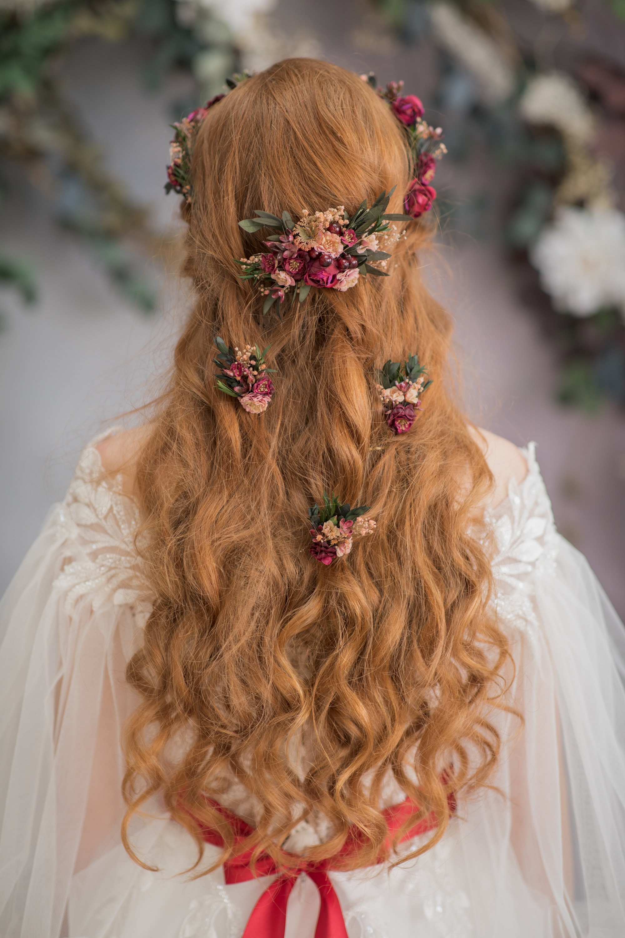 HANDMADE intricate Red and Green Floral Hair Comb Floral Hair Comb – Little Acre Flowers main image 2