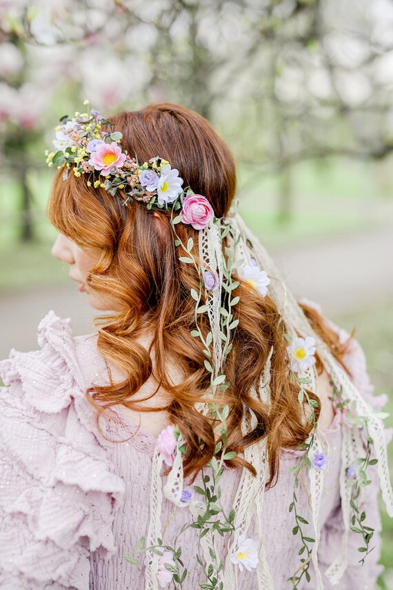 Romantic Meadow Flower Wreath With Veil Beltane Daisy Flower Crown