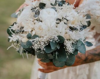 White Wedding Bouquet with Preserved Flowers | All-Natural Bridal Set with Eucalyptus and Gypsophila