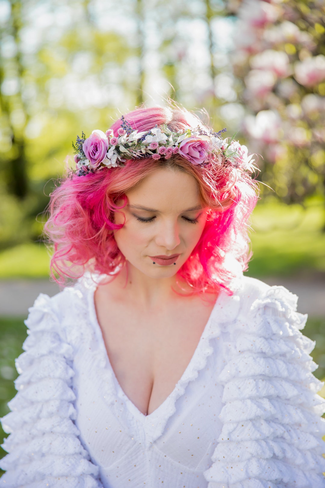 Romantic Pink Flower Hair Crown Bridal Flower Wreath Blush Etsy