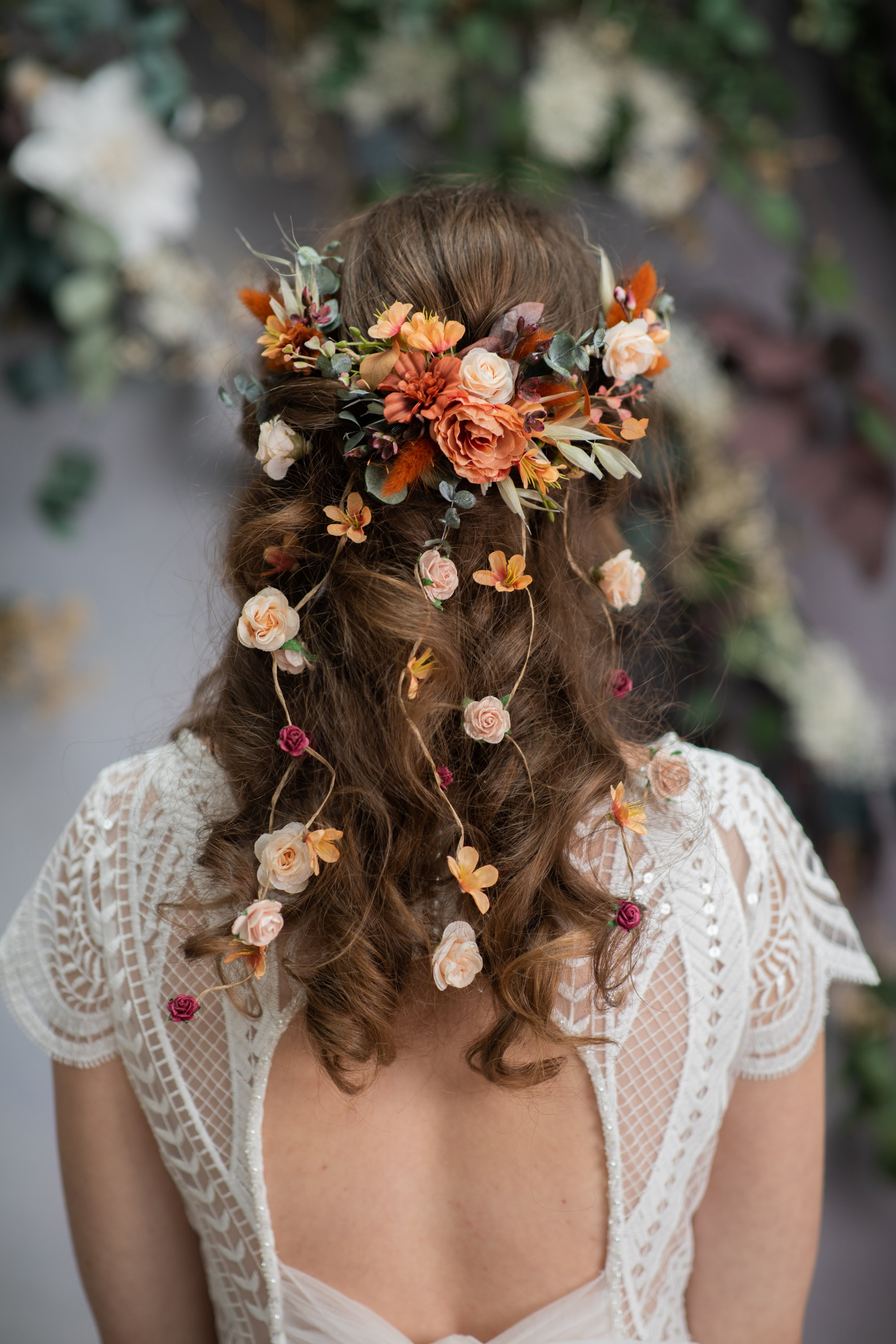 bridal hair with flowers and veil