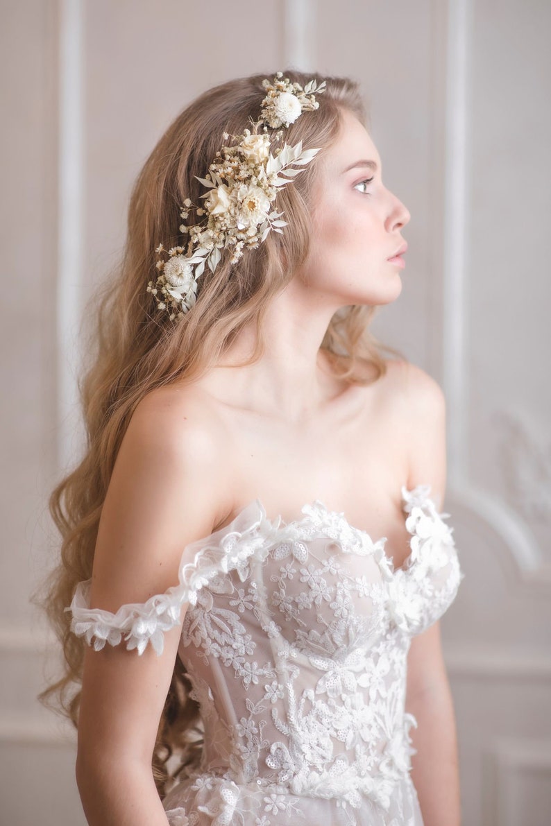 Arreglo de pelo de flores de boda de marfil con flores preservadas Tocado de boda Enredadera de pelo blanco Flores de pelo nupcial Pieza de pelo blanco imagen 3