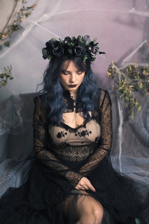MOSTORY Corona Di Fiori Gotica Per Donna - Copricapo Elfo Scuro Con Cristallo, Regolabile, Per Cosplay E Ren Faire