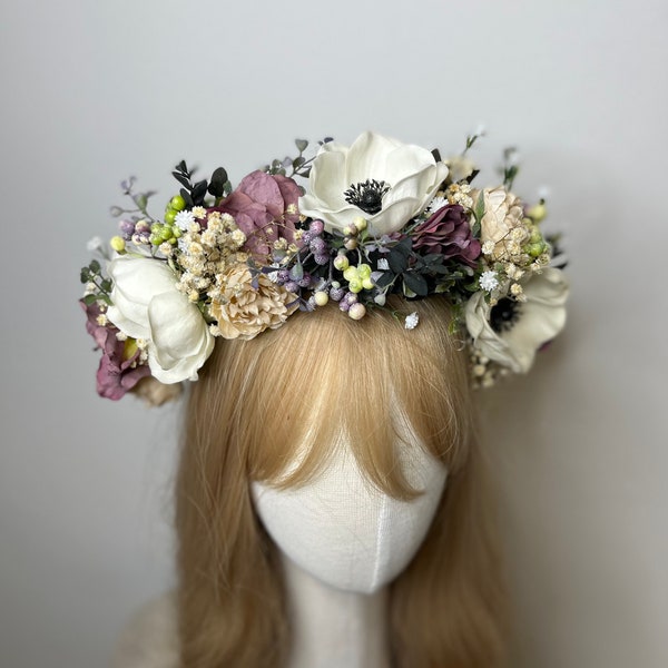 Anemone wedding half wreath White dusty pink flower crown Bridal crown with berries Romantic baby's breath hair wreath Magaela accessories