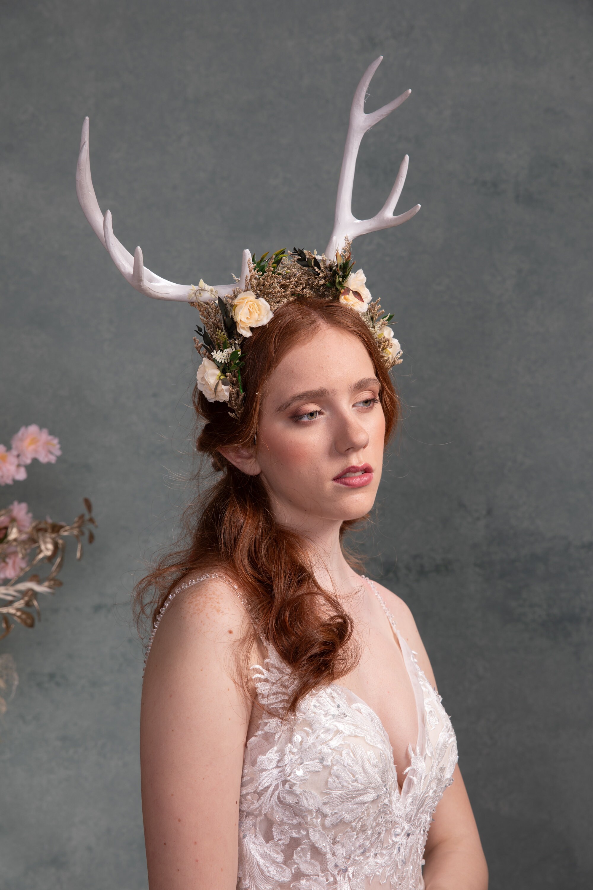 Floral Deer Antler Crown: Ivory Horns, Woodland Headpiece - Etsy
