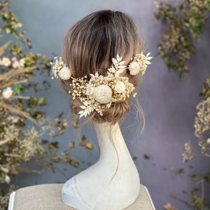 Arreglo de pelo de flores de boda de marfil con flores preservadas Tocado de boda Enredadera de pelo blanco Flores de pelo nupcial Pieza de pelo blanco imagen 10