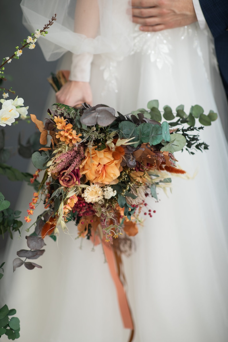 Grand bouquet de mariage boho Automne brûlé bouquet de mariée orange Accessoires de mariée automne Mariée rustique à être Bouquet d'eucalyptus personnalisé Magaela image 6