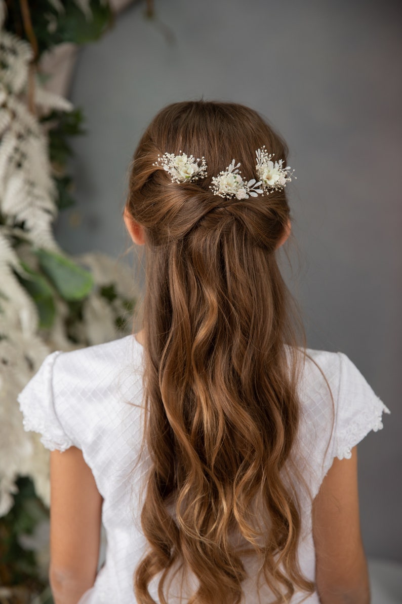 Set di 3 forcine Forcine per prima comunione Gioielli floreali Accessori per capelli da sposa Copricapo da bambina Magaela Forcine per capelli da sposa immagine 3