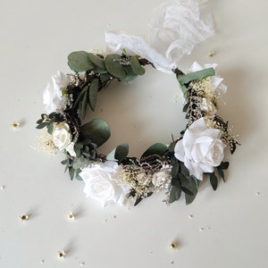 Eucalyptus bridal hair wreath Eucalyptus and white roses crown Greenery wedding Boho flower crown Fairycore Flower boho wreath Bride to be image 2