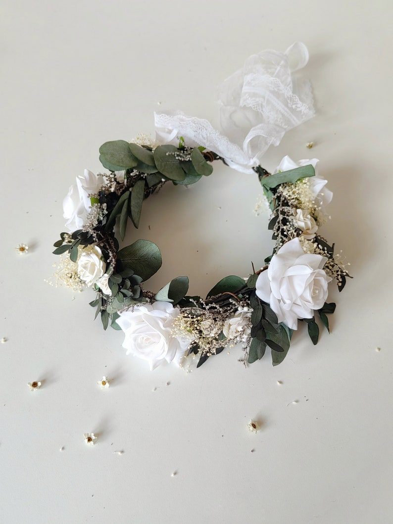 Eucalyptus bridal hair wreath Eucalyptus and white roses crown Greenery wedding Boho flower crown Fairycore Flower boho wreath Bride to be image 2