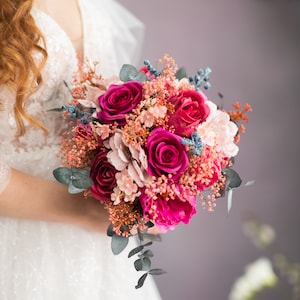 Bouquet da sposa di eucalipto rosa e tulipano bianco, bouquet da