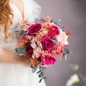 Magenta flower bridal bouquet Wedding fuchsia bouquet Romantic Hot pink roses wedding accessories with blueberries Custom bouquet Magaela