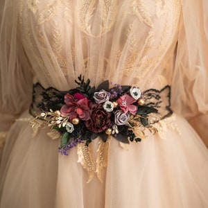 Dark flower belt for dress Burgundy and black wedding belt Gothic wedding Bridal sash with black lace Elegant anemone flower sash Magaela