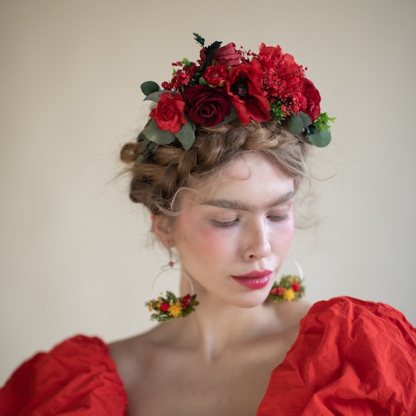 Red Frida Kahlo headband Big flower bridal headpiece Wedding accessories Hair flowers Mexican cinco de mayo Magaela red poppy roses crown