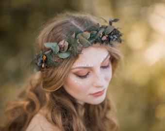 Eucalyptus and ferns hair crown, Preserved wedding headpiece, Bridal flower wreath, Hair wreath with leaves, Hair flowers Bridal accessories