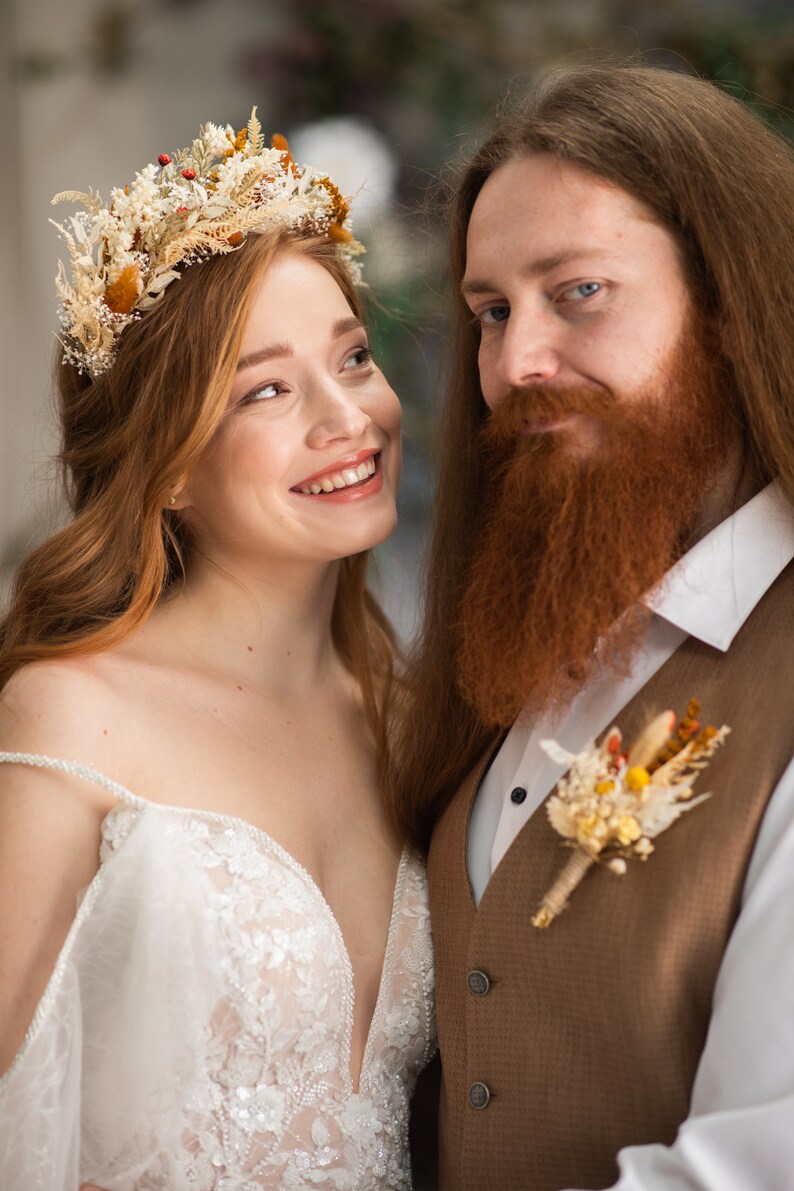 Large boho flower hair crown Dried and preserved wedding hair crown Burnt orange bridal crown Ivory Wedding headband Bride to be Magaela image 5