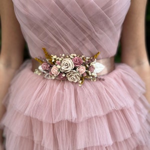 Romantic flower belt Dusty pink flower sash Pastel pink wedding belt for dress Romantic belt with ribbon Wedding flower jewellery Magaela zdjęcie 2
