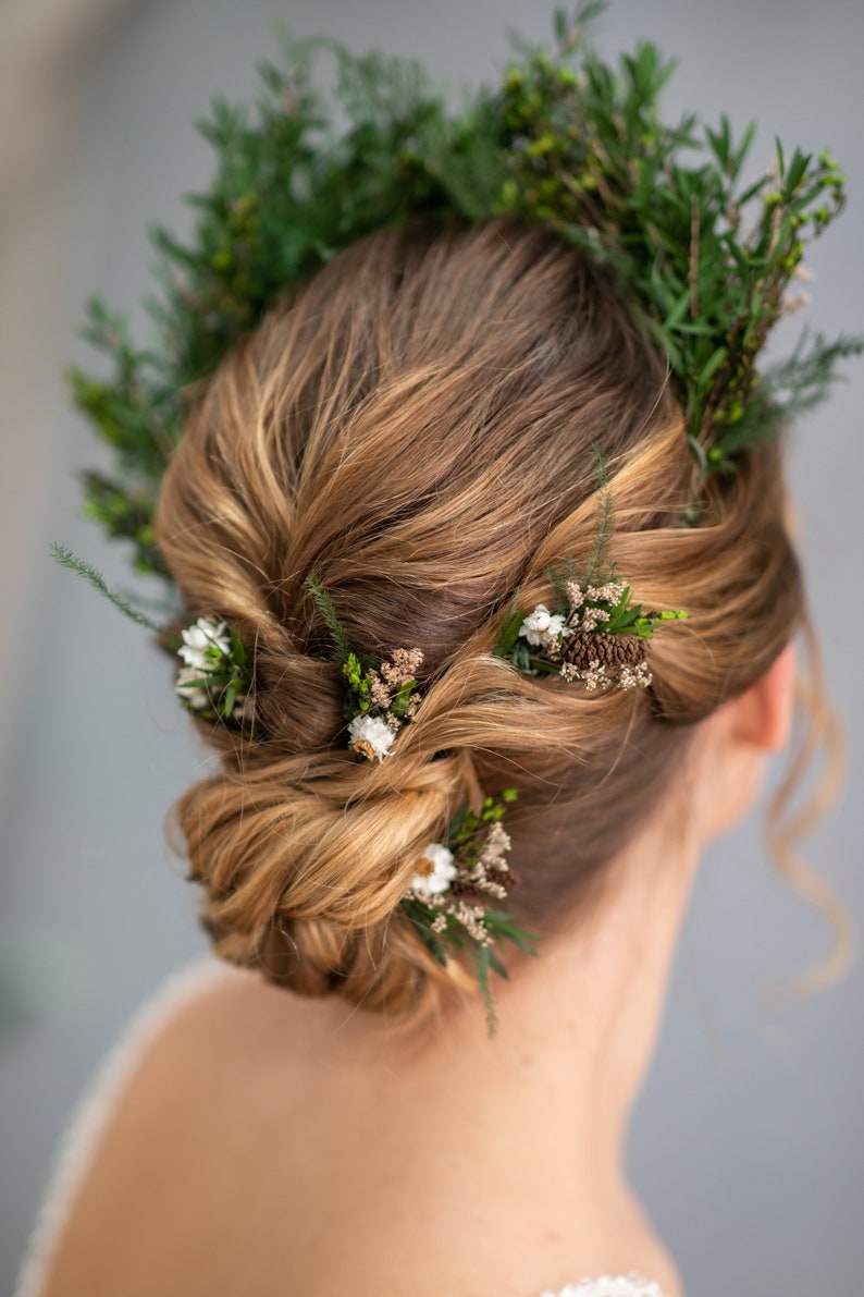 Flower haipins Woodland flower hairpins Wedding in forest Bridal hair Hair accessories Fairy design Rustic wedding Fern hairpins Magaela zdjęcie 3