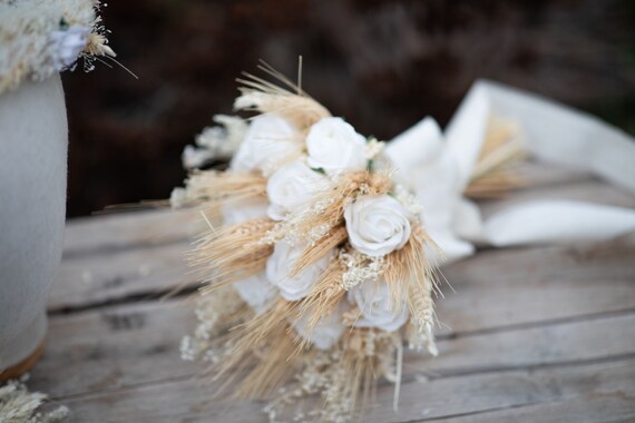 Bouquet de mariée avec épi de blé et roses blanches Mariage - Etsy France