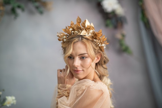 Golden Wedding Crown: Pearl & Leaf Hair Tiara - Etsy