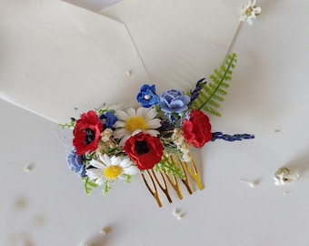 Meadow flower hair comb Bridal poppy flower comb Daisy wedding headpiece Magaela Wildflowers hair clip Folk slavic wedding Lavender comb