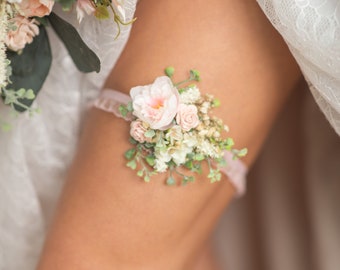 Jarretière de mariage fleurs romantiques Jarretière de mariée rose poudré avec dentelle élastique Commande personnalisée Accessoires de mariage Magaela