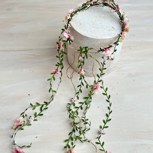 Blush flower wedding wreath with vines Bridal crown Boho wedding hair flowers Bridal hairstyles Magaela Bride to be Long hanging vines image 10