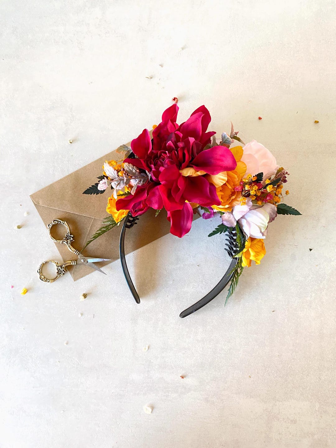 Fuchsia Orange Flower Crown Headband: Frida Inspired Boho  display picture 3