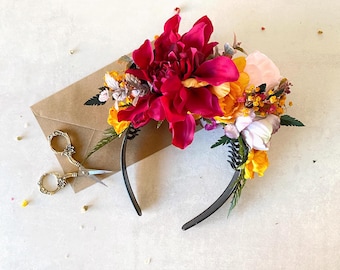 Fuchsia Orange Flower Crown Headband: Frida Inspired Boho Wedding